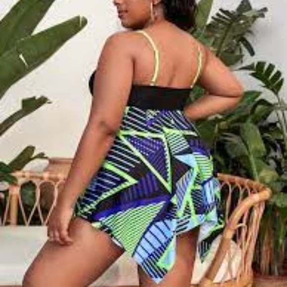 👙 Geo Print Tankini Crisscross Hem Pushup Cami Top Swimsuit Swim Dress 1XL / 14 - Picture 2 of 2